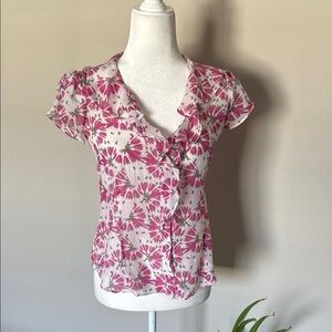 Banana Republic Floral Pink Blouse Silk blend tissue sheer ruffle summer SZ XS